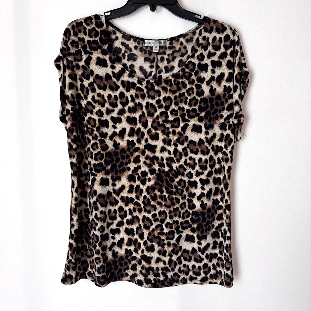 Vintage Suzie Top Leopard Print Short Sleeve Women XL Brown Animal Print Scoop